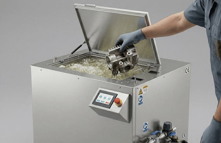 Metal part in cleaning solution in ultrasonic cleaner