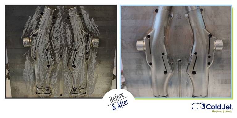 Before and after cleaning injection mold with dry ice blasting