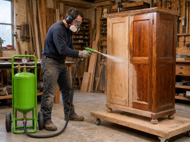 Soda blaster stripping varnish from cabinet