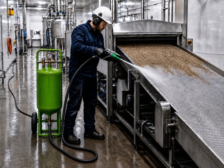 Soda blasting food processing conveyor_ChatGPT Image