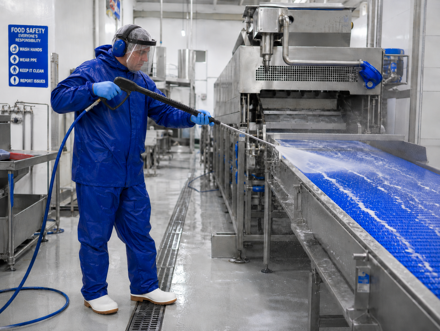 Worker pressure washing food processing conveyor