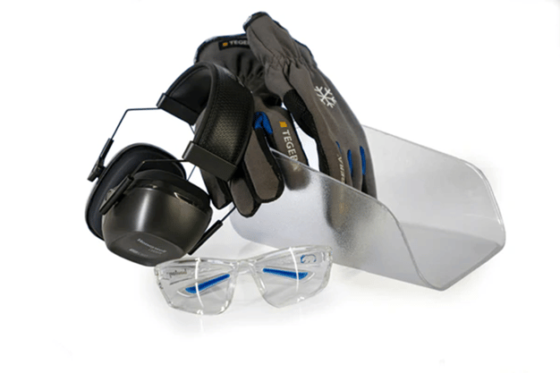 Cold jet PPE, ear muffs, gloves, safety glasses, dry ice scoop